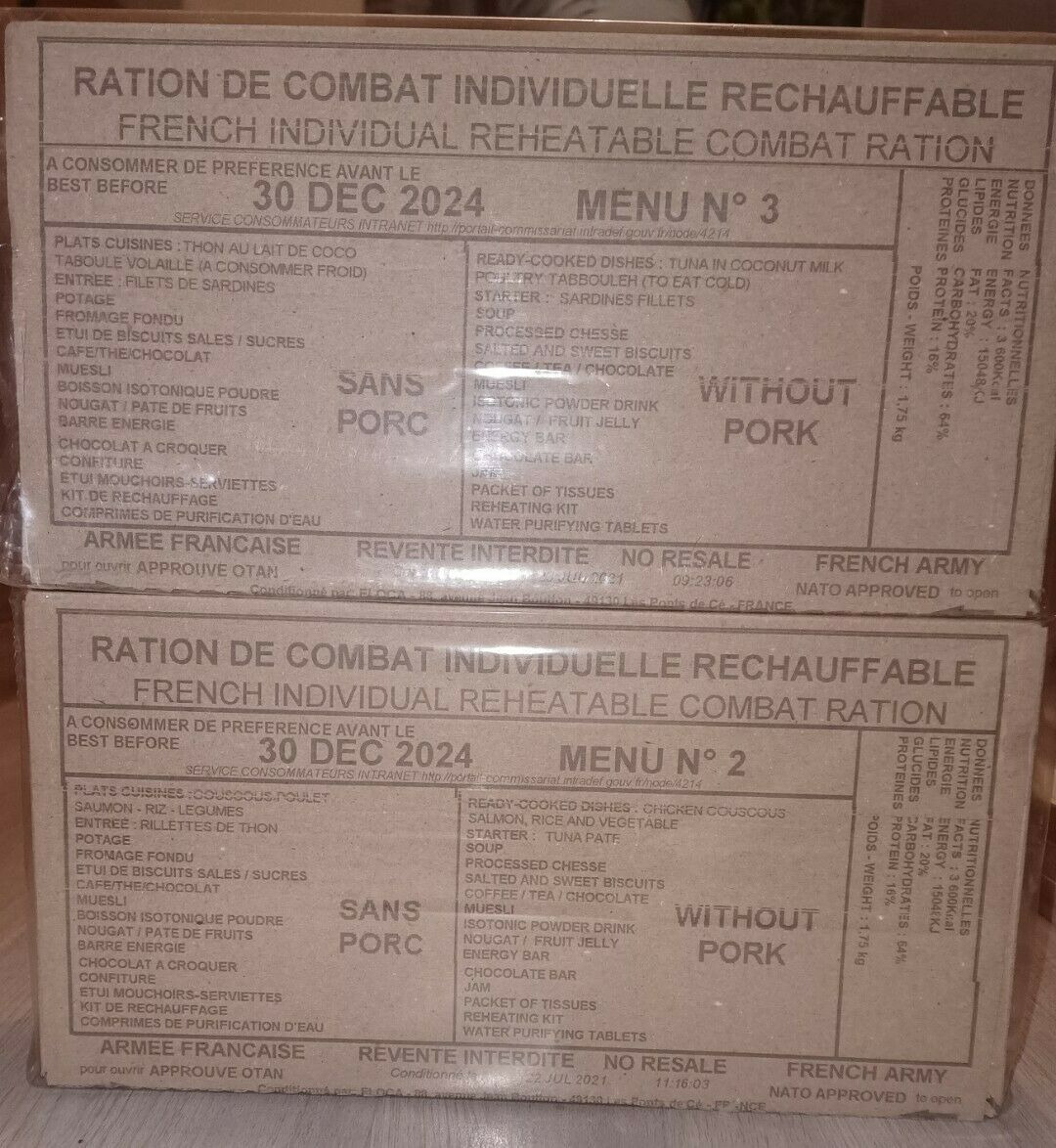Pack de rations MRE 24h de l'armée française (menu 10)